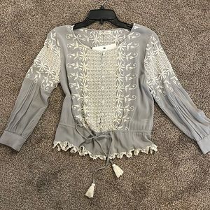 Love Shack Fancy gray silk embroidery drawstring blouse S